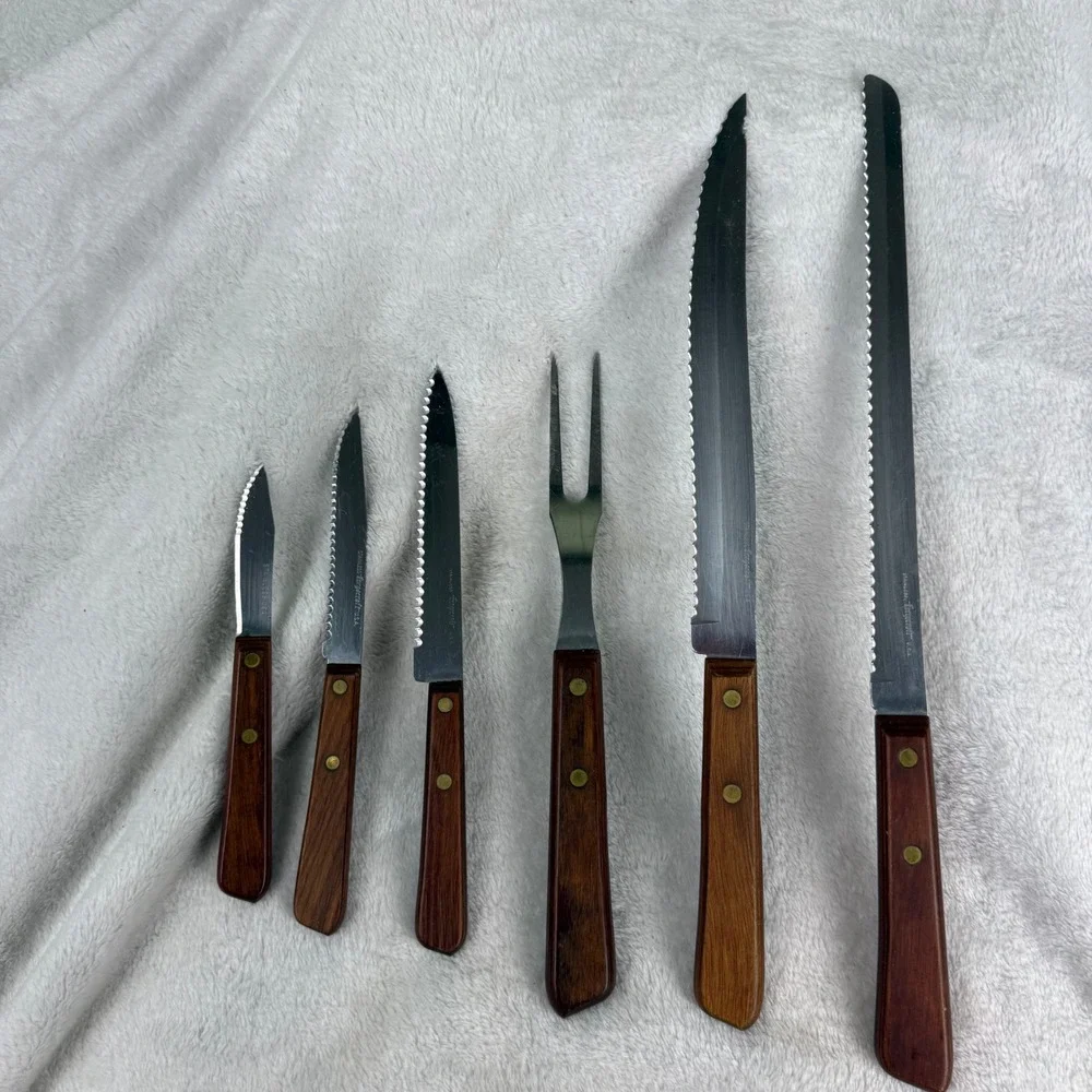Forgecraft USA Vintage 6 Piece Cutlery Set Stainless Wood Handles Austria Block